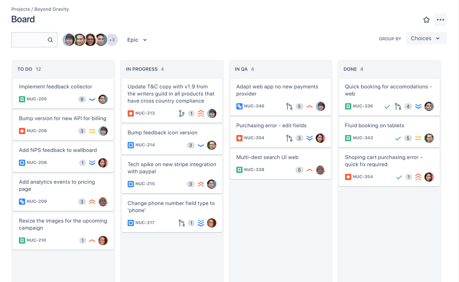 A Kanban board on Atlassian Jira's webpage. The board has many work tasks split among To Do, In Progress, In QA, and Done